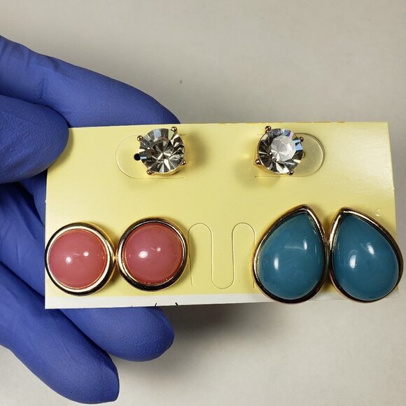 Set of 3 Gold tone Pink, Blue & Crystal Stud Earrings - Women's Fashion Jewelry - Picture 8 of 9